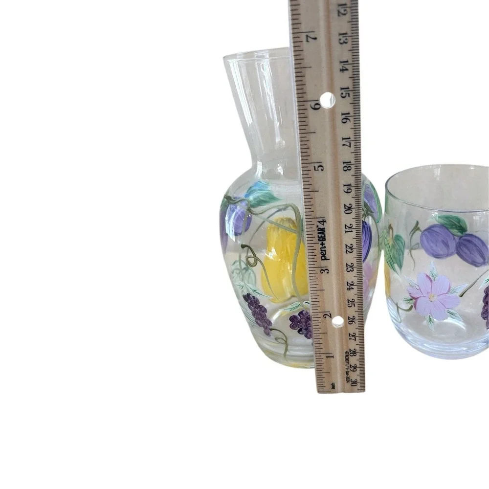 Vintage Hand Painted Floral Tumble Up Glass Bedside Water‎ Carafe Set